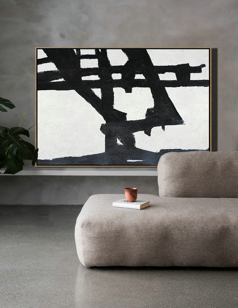 Hand Painted Original Art,Hand Painted Oversized Horizontal Minimal Art On Canvas, Black And White Minimalist Painting - Acrylic Painting Large Wall Art